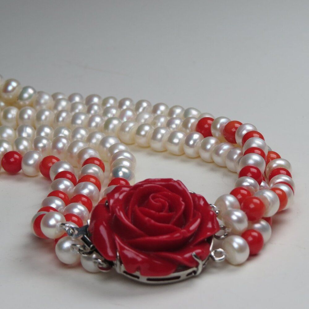 Fresh Water Pearl with Coral Multi Strands Necklace